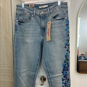 Levi's Blue Straight Leg Jeans with Floral Embroidery ONE OF A KIND